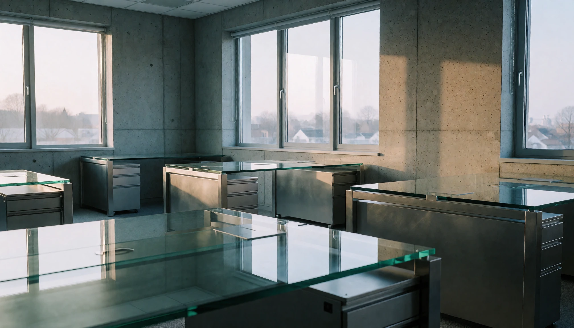 Espace de travail partagé aménagé dans un bureau lumineux et vide