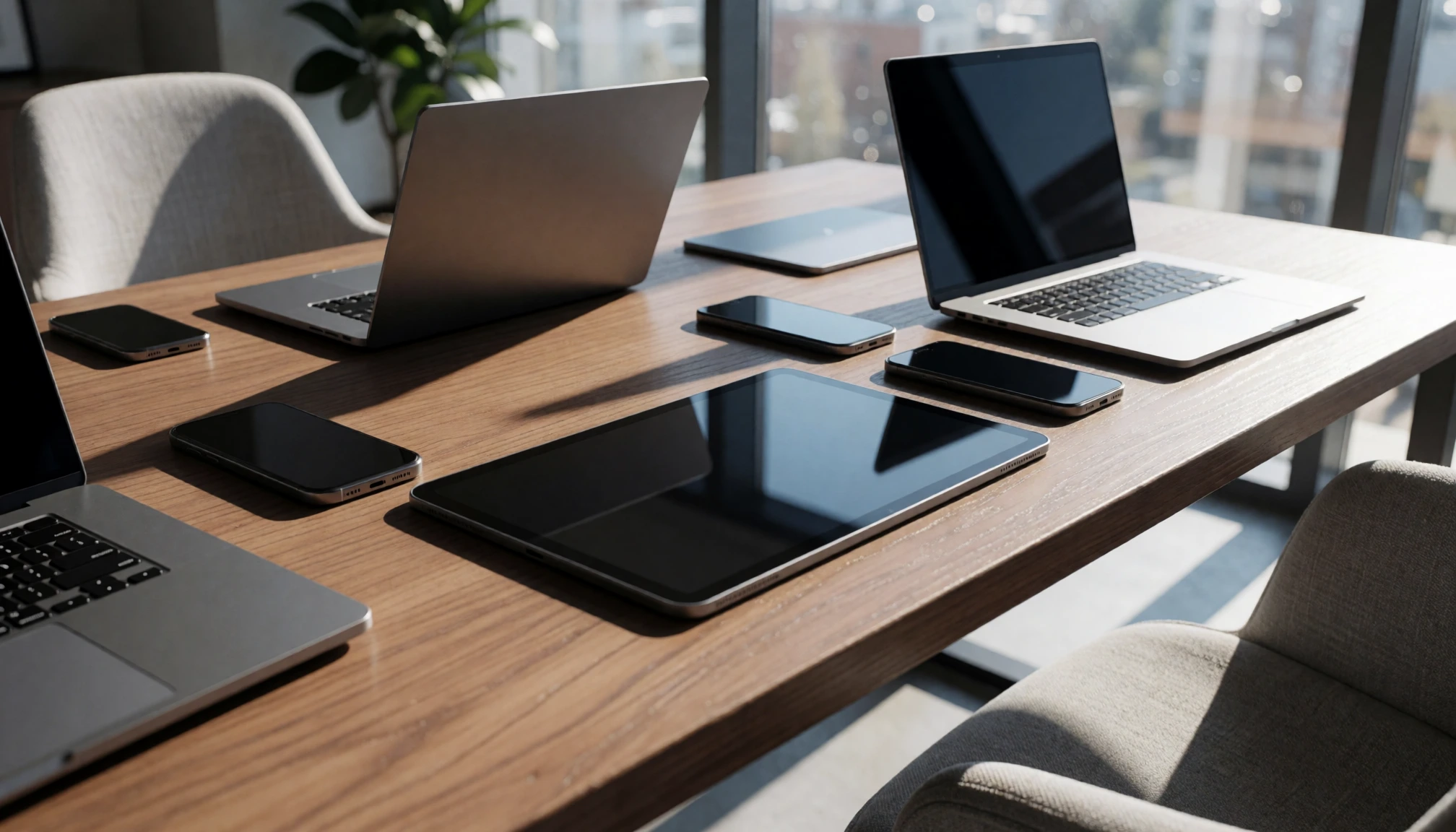 Ordinateurs, tablettes et téléphones réunis sur une table de travail