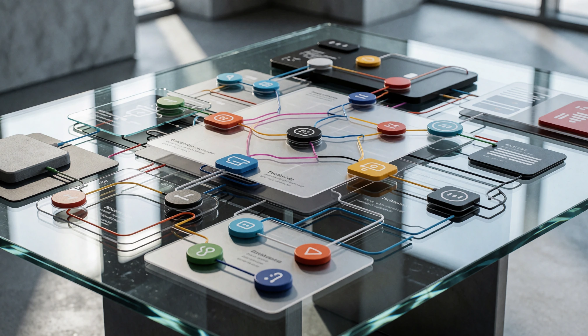 Maquette de réseau numérique reliant plusieurs services et terminaux