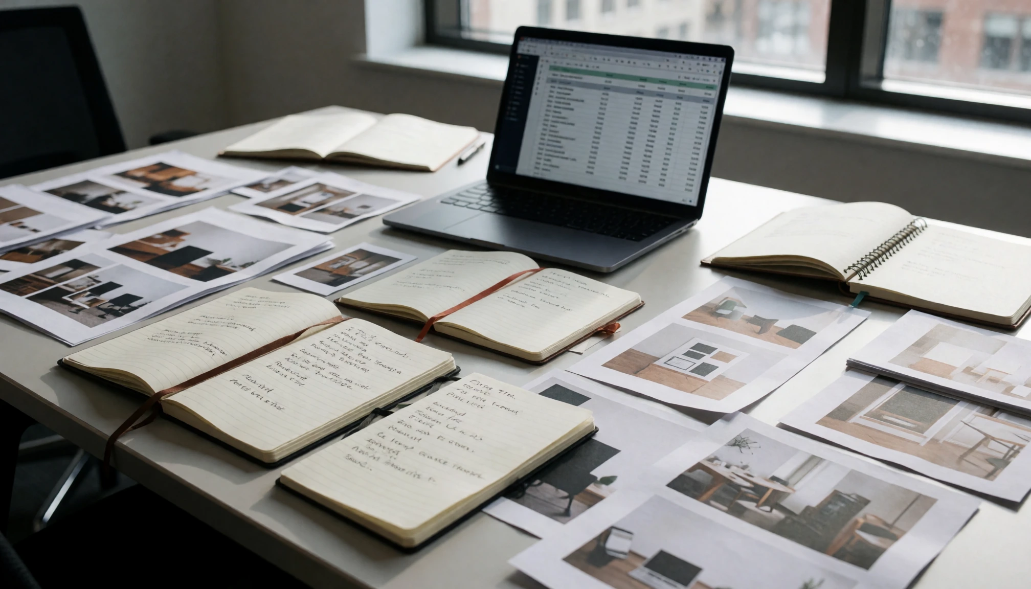 Supports imprimés et carnets organisés sur une table de planification média