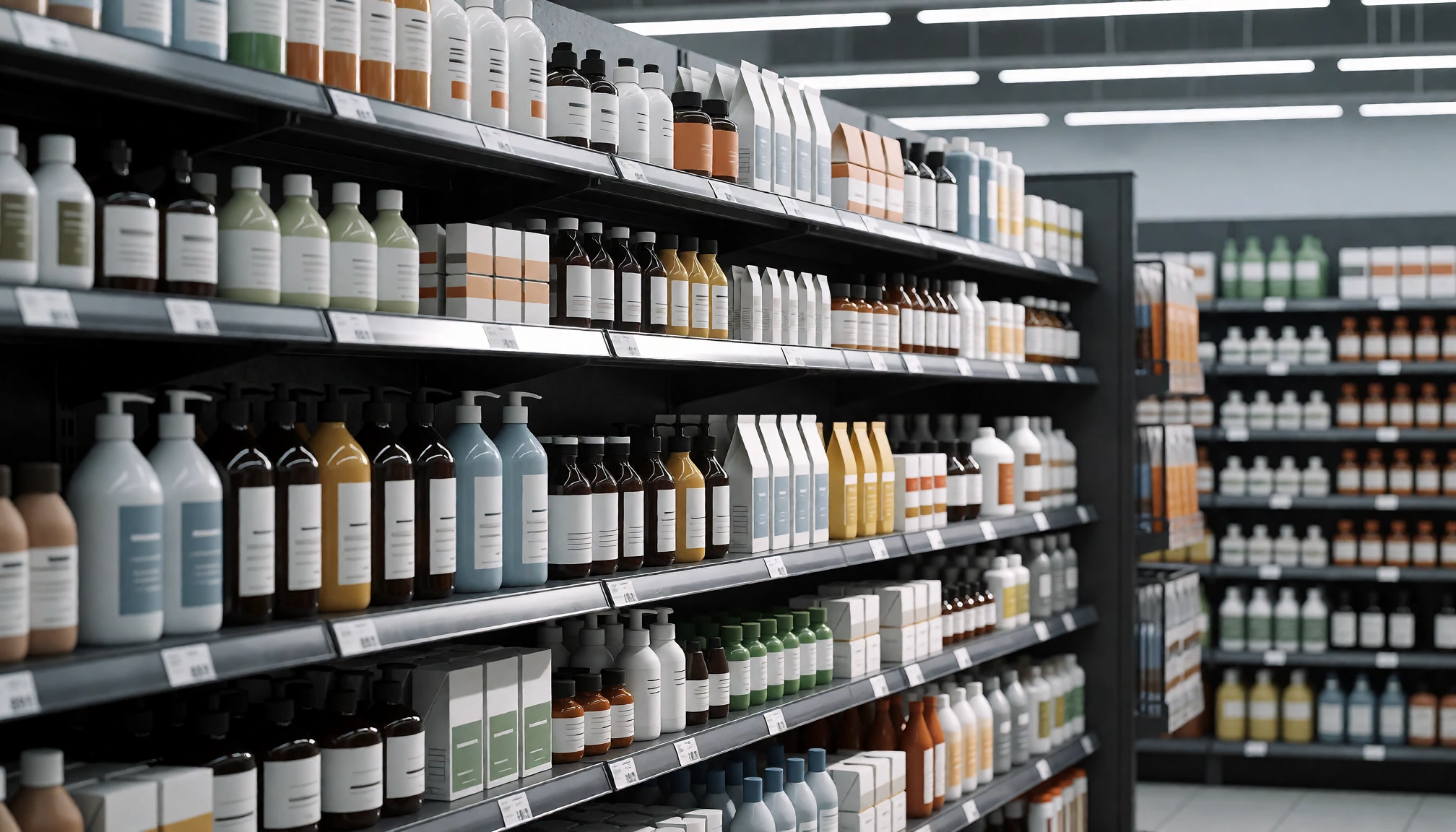 Rayon de magasin rempli de produits neutres pour une campagne retail media