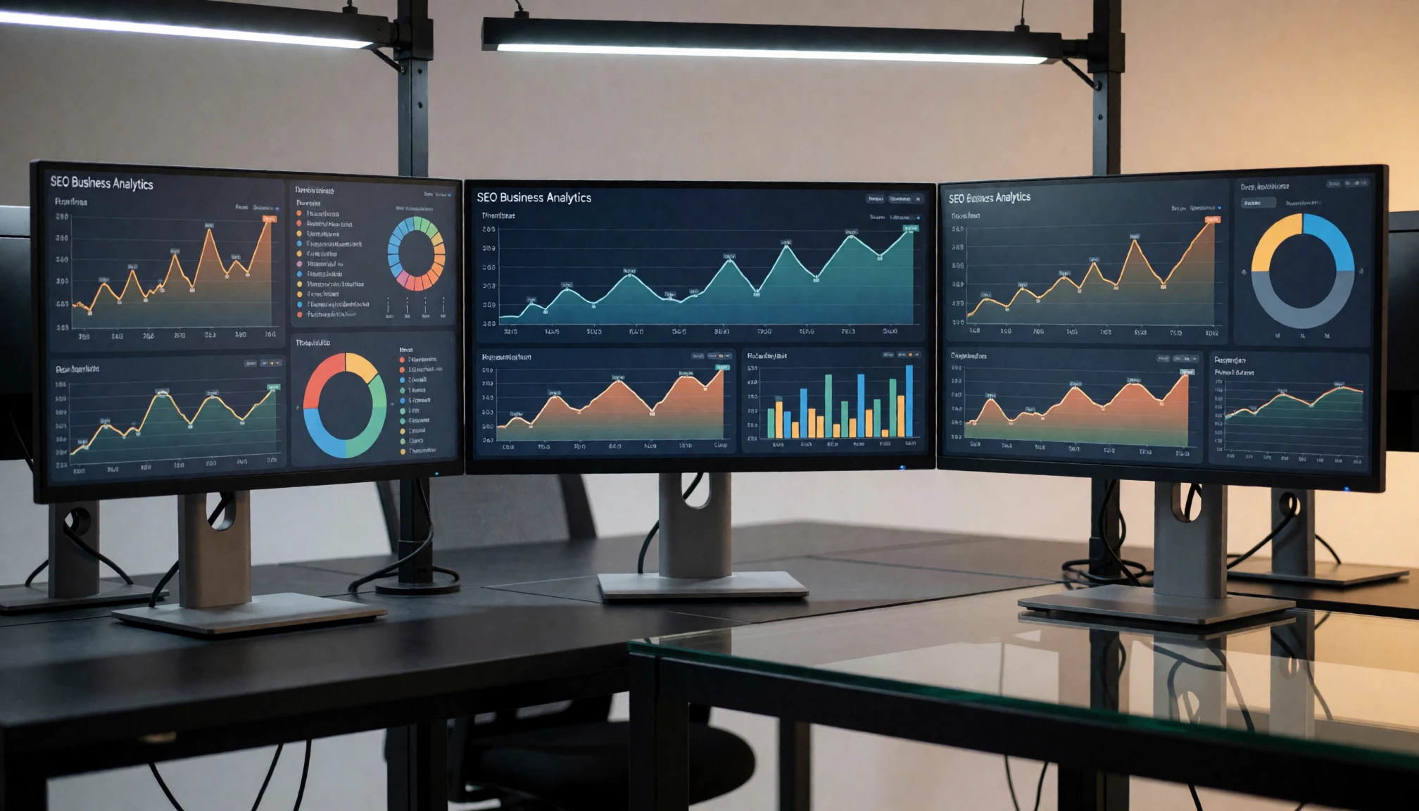 Tableau de bord SEO affiché sur plusieurs moniteurs dans un bureau vide