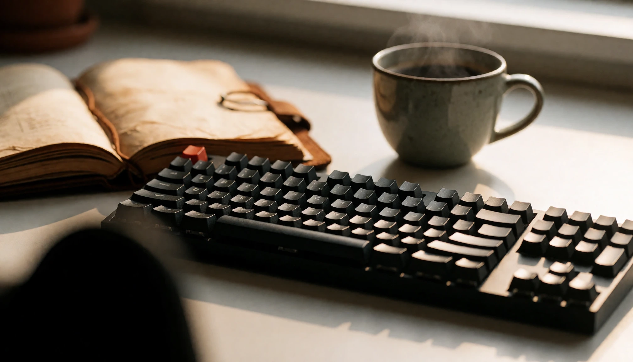 Clavier, carnet et tasse préparés pour rédiger un contenu optimisé